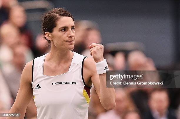 Andrea Petkovic of Germany reacts during her match against Belinda Bencic of Switzerland during Day 1 of the 2016 Fed Cup World Group First Round...