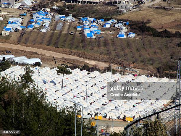 An aerial view of tent city in Guvecci neighborhood in Hatay, Turkey on February 6, 2016 where Turkmen people, fled from their homes due to Russian...