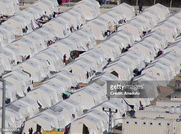 An aerial view of tent city in Guvecci neighborhood in Hatay, Turkey on February 6, 2016 where Turkmen people, fled from their homes due to Russian...