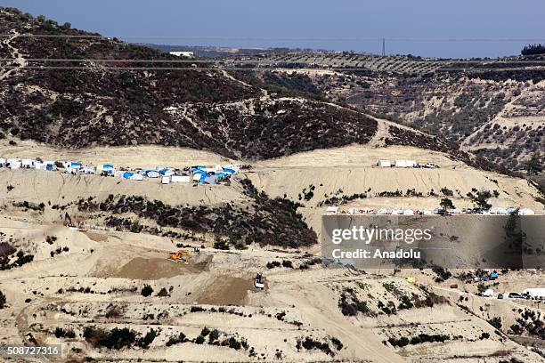 An aerial view of tent city in Guvecci neighborhood in Hatay, Turkey on February 6, 2016 where Turkmen people, fled from their homes due to Russian...