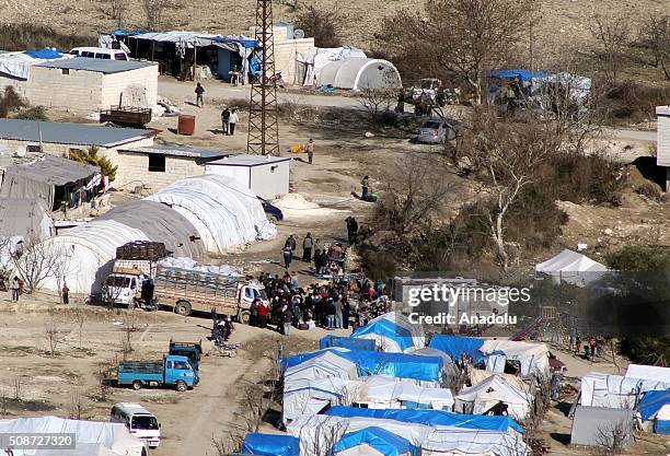 An aerial view of tent city in Guvecci neighborhood in Hatay, Turkey on February 6, 2016 where Turkmen people, fled from their homes due to Russian...