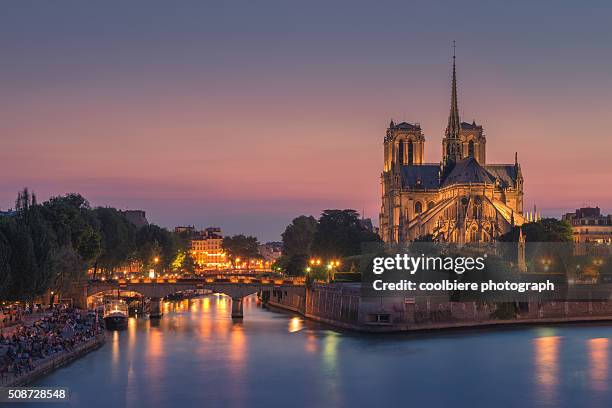 notre dame at night with city light - cattedrale di notre dame parigi foto e immagini stock