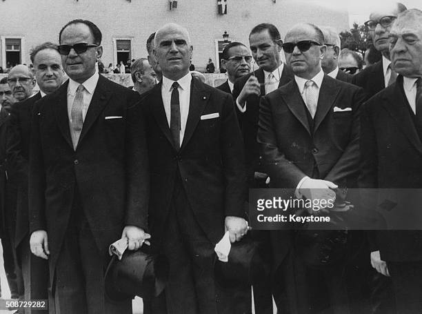 Greek President Georgios Papadopoulos with Minister of the Interior Stylianos Pattakos and Minister of Coordination Nikolaos Makarezos, at a military...