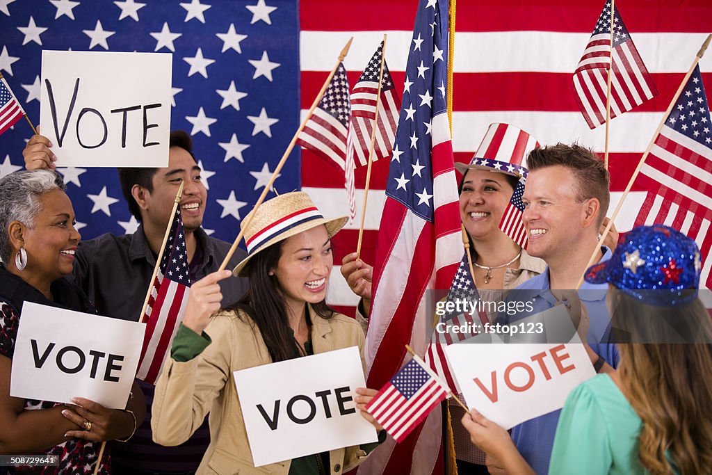 American people encourage voting. Political rally. USA flags. Vote signs.