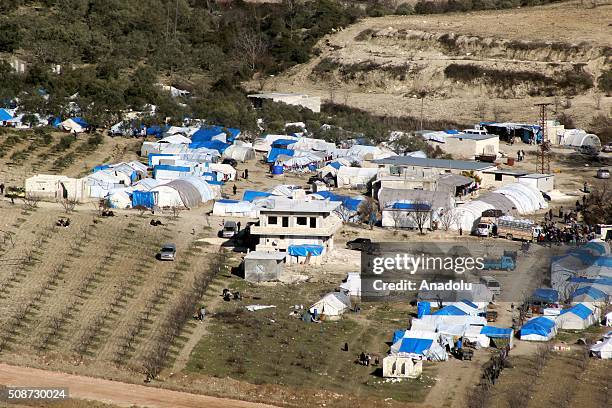 An aerial view of tent city in Guvecci neighborhood in Hatay, Turkey on February 6, 2016 where Turkmen people, fled from their homes due to Russian...