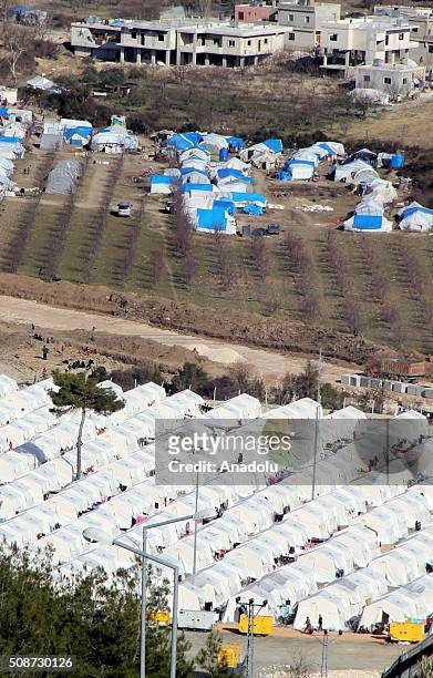 An aerial view of tent city in Guvecci neighborhood in Hatay, Turkey on February 6, 2016 where Turkmen people, fled from their homes due to Russian...