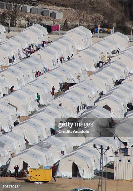 An aerial view of tent city in Guvecci neighborhood in Hatay, Turkey on February 6, 2016 where Turkmen people, fled from their homes due to Russian...