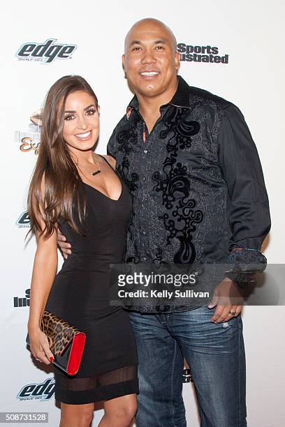Former NFL player Hines Ward and Lindsey Georgalas-Ward arrive on the red carpet at the Sports Illustrated Friday Night Party on February 5, 2016 in...