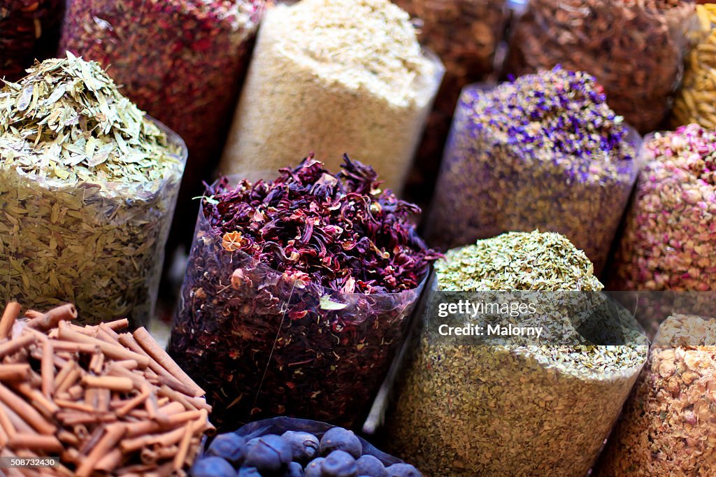 Close-up of spices at the old spice market, Dubai