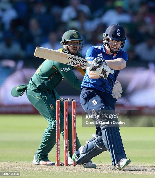 England captain Eoin Morgan hits out for six runs during the 2nd Momentum ODI between South Africa and England at St George's Park on February 6,...