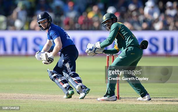 England captain Eoin Morgan bats during the 2nd Momentum ODI between South Africa and England at St George's Park on February 6, 2016 in Port...