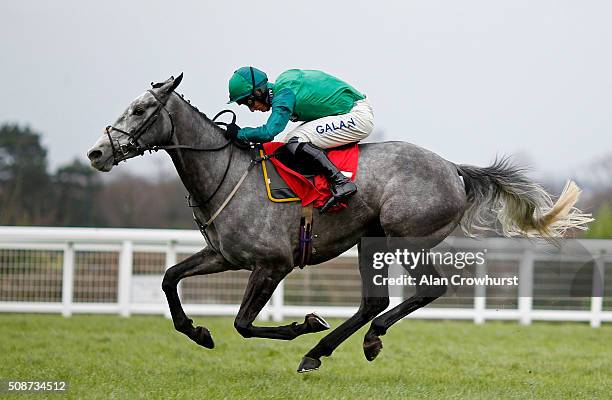 Daryl Jacob riding Bristol De Mai clear the last to win The Betfred Tv Scilly Isles Novices' Steeple Chase at Sandown racecourse on February 06, 2016...