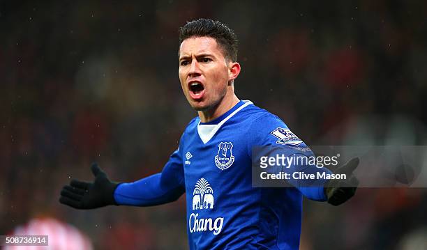 Bryan Oviedo of Everton reacts during the Barclays Premier League match between Stoke City and Everton at Britannia Stadium on February 6, 2016 in...