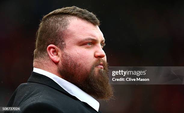 Eddie Hall is seen prior to the Barclays Premier League match between Stoke City and Everton at Britannia Stadium on February 6, 2016 in Stoke on...