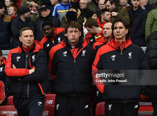 Pepijn Lijnders first team development coach, Peter Krawietz Second Assistant Coach and Zeljko Buvac assistant manager of Liverpool before the...