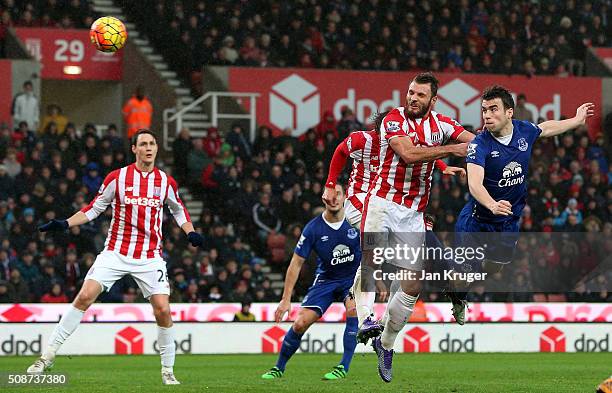 Seamus Coleman of Everton heads the ball to score his team's second goal during the Barclays Premier League match between Stoke City and Everton at...