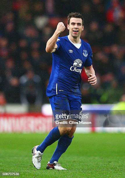 Seamus Coleman of Everton celebrates scoring his team's second goal during the Barclays Premier League match between Stoke City and Everton at...