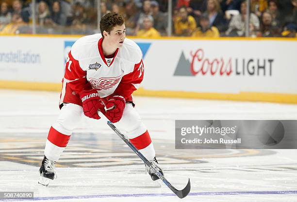 Dylan Larkin of the Detroit Red Wings competes in the Bridgestone NHL Fastest Skater portion of the 2016 Honda NHL All-Star Skill Competition at...