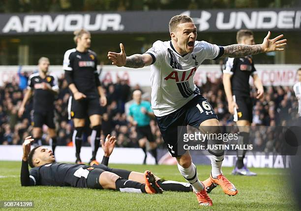 Tottenham Hotspur's English defender Kieran Trippier celebrates after scoring during the English Premier League football match between Tottenham...