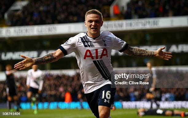 Kieran Trippier of Tottenham Hotspur celebrates scoring his team's first goal during the Barclays Premier League match between Tottenham Hotspur and...