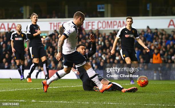 Kieran Trippier of Tottenham Hotspur scores his team's first goal during the Barclays Premier League match between Tottenham Hotspur and Watford at...