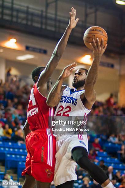 Earl Clark of the Delaware 87ers drives to the basket against the Maine Red Claws on February 5, 2016 at the Bob Carpenter Center in Newark,...