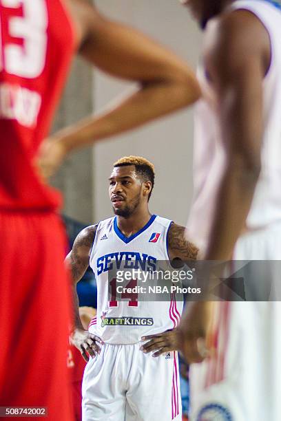 Sean Kilpatrick of the Delaware 87ers looks on during the game against the Maine Red Claws on February 5, 2016 at the Bob Carpenter Center in Newark,...