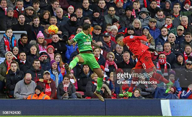 Roberto Firmino of Liverpool scores the opening goal with a header during the Barclays Premier match between Liverpool and Sunderland at Anfield on...