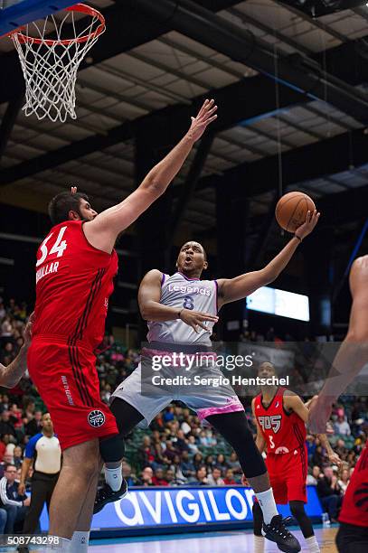 Steven Pledger of the Texas Legends drives to the basket and shoots the ball against the Toronto Raptors 905 at Dr. Pepper Arena on February 5, 2016...