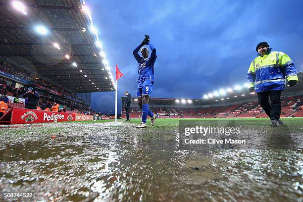 Arouna Kone of Everton applauds away supporters after the Barclays Premier League match between Stoke City and Everton at Britannia Stadium on...