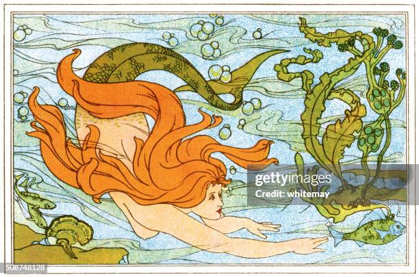 meerjungfrau schwimmen unter wasser mit fischen - mermaid tail stock-grafiken, -clipart, -cartoons und -symbole