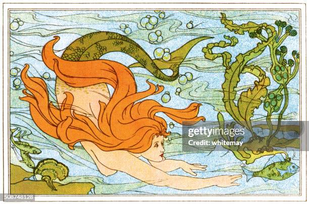 mermaid swimming underwater with fish - mermaid tail stock illustrations
