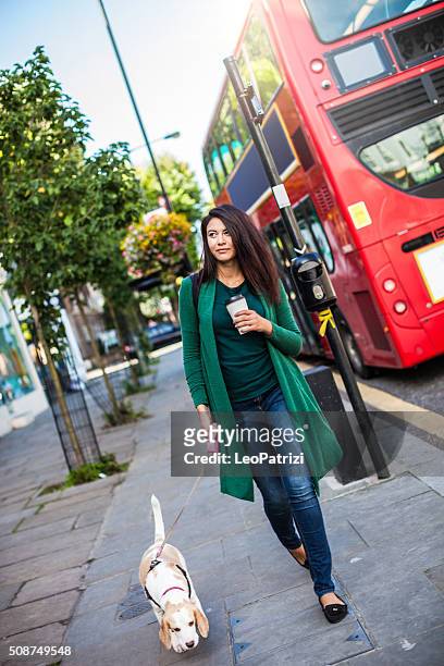woman walking with dog in early sunday morning in london - the 2016 notting hill carnival stock pictures, royalty-free photos & images