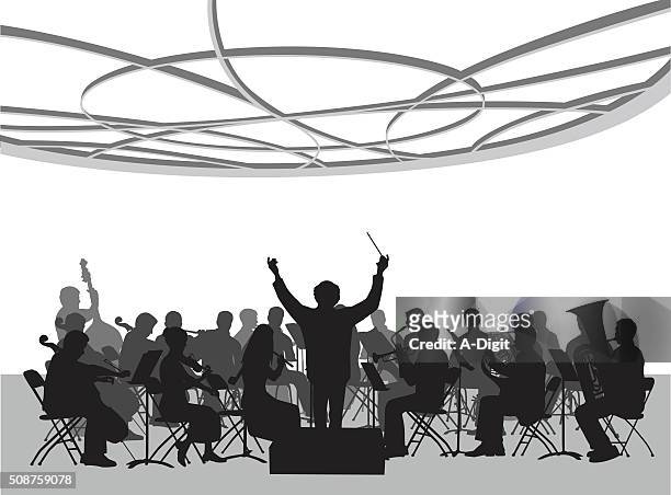 konzerthalle orchester illustrationen - dirigent orchester stock-grafiken, -clipart, -cartoons und -symbole