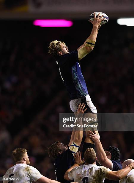 Scotland player Richie Gray wins a lineout ball during the RBS Six Nations match between Scotland and England at Murrayfield Stadium on February 6,...