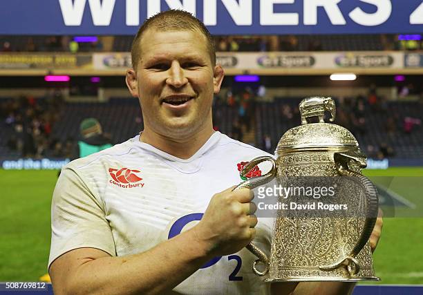England captain Dylan Hartley poses with the Calcutta Cup following his team's victory during the RBS Six Nations match between Scotland and England...