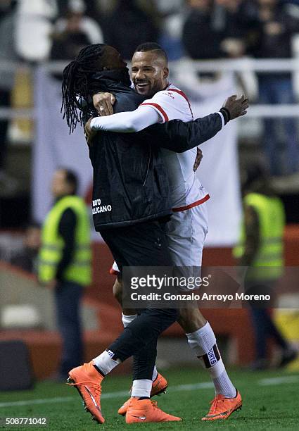Tiago Manuel Dias Correia alias Bebe of Rayo Vallecano de Madrid celebrates scoring their second goal with teammate Mateus Alberto Contreiras alias...