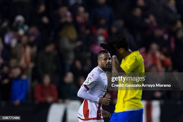 Tiago Manuel Dias Correia alias Bebe of Rayo Vallecano de Madrid celebrates scoring their second goal behind an UD Las Palmas player during the La...