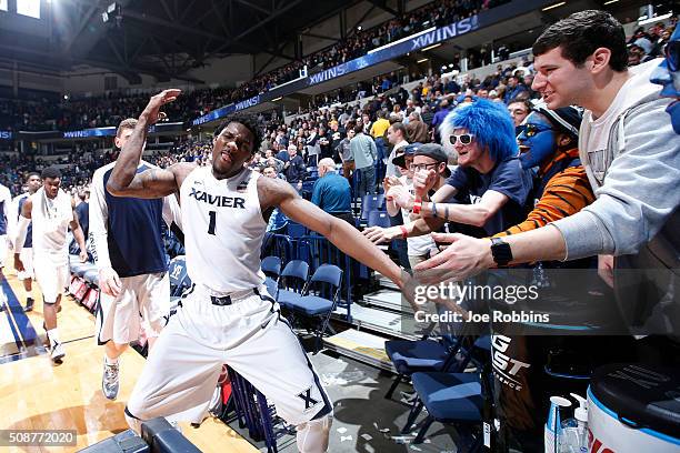 Jalen Reynolds of the Xavier Musketeers celebrates after the game against the Marquette Golden Eagles at Cintas Center on February 6, 2016 in...