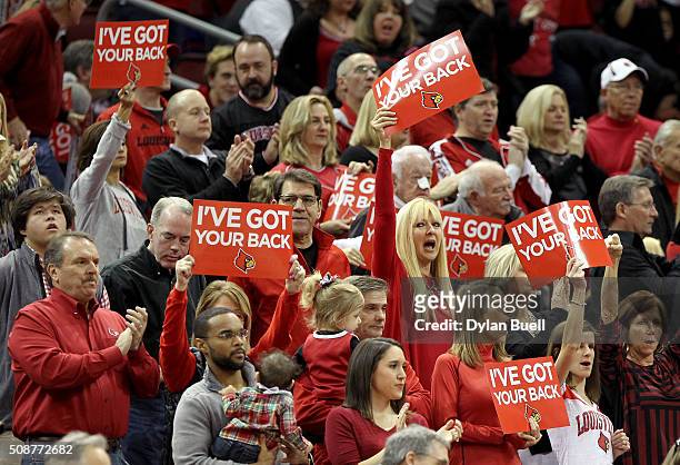 Louisville fans cheer during the first half against the Boston College Eagles at KFC Yum! Center on February 6, 2016 in Louisville, Kentucky.