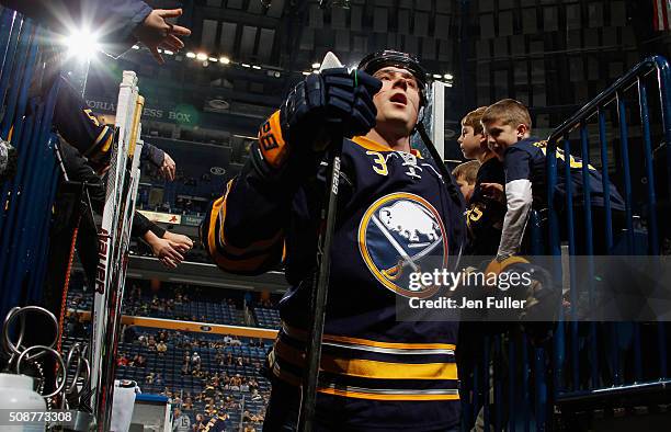Mark Pysyk of the Buffalo Sabres heads to the locker room after warming up to play the Boston Bruins at First Niagara Center on January 15, 2016 in...