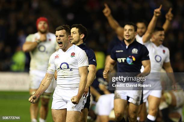 George Ford of England celebrates his team's victory as the final whistle blows during the RBS Six Nations match between Scotland and England at...