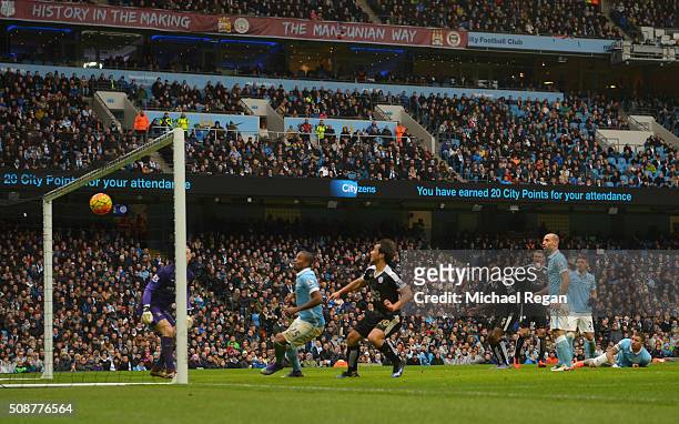 Robert Huth of Leicester City scores his team's third goal during the Barclays Premier League match between Manchester City and Leicester City at the...