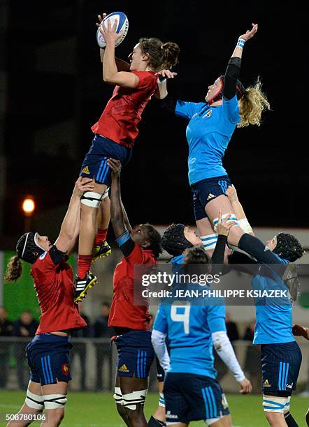 France's backrow Comba Diallo catches the ball during the Womens Six Nations rugby union match between France and Italy on February 6, 2016 at the...