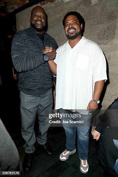 Former NBA player Shaquille O'Neal and former NFL player Jonathan Ogden attend the Fanatics Super Bowl Party on February 6, 2016 in San Francisco,...