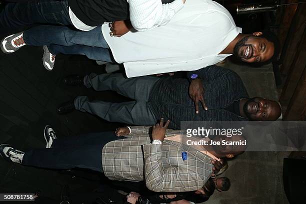 Former NFL player Jonathan Ogden, former NBA player Shaquille O'Neal and former NFL player Melvin Fowler attend the Fanatics Super Bowl Party on...