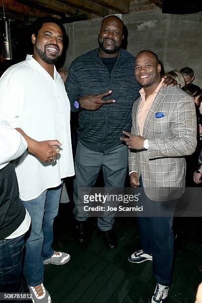 Former NFL player Jonathan Ogden, former NBA player Shaquille O'Neal and former NFL player Melvin Fowler attend the Fanatics Super Bowl Party on...