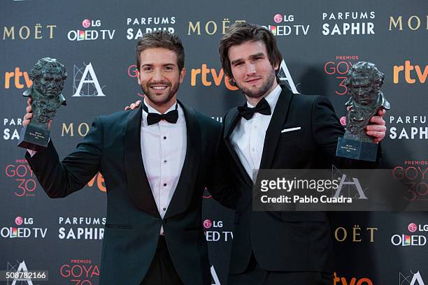 Pablo Alboran and Lucas Vidal hold the awards for best original song during the 30th edition of the Goya Cinema Awards at Madrid Marriott Auditorium...