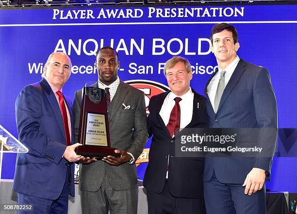 Entrepreneur Cosmo DeNicola, professional football player Anquan Boldin, sports agent Leigh Steinberg, and football player Steven Scheu pose onstage...