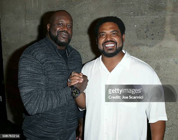 Former NBA player Shaquille O'Neal and former NFL player Jonathan Ogden attend the Fanatics Super Bowl Party on February 6, 2016 in San Francisco,...